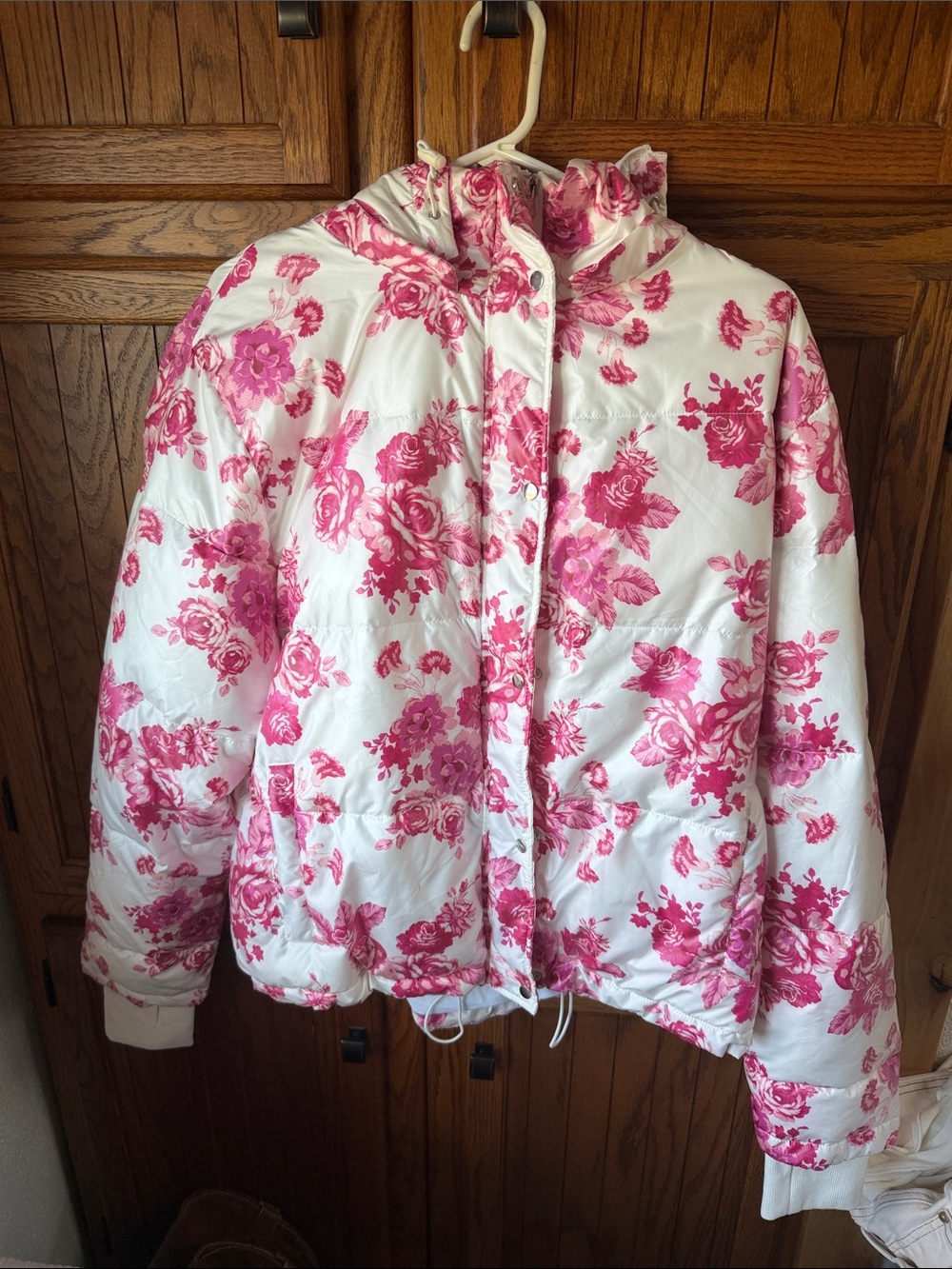 Beach Riot White Puffer Jacket with Pink Floral Print